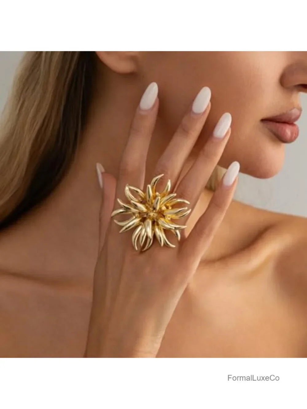Oversized 3D Spiky Flower Statement Ring Women Chunky Open Band Abstract Floral